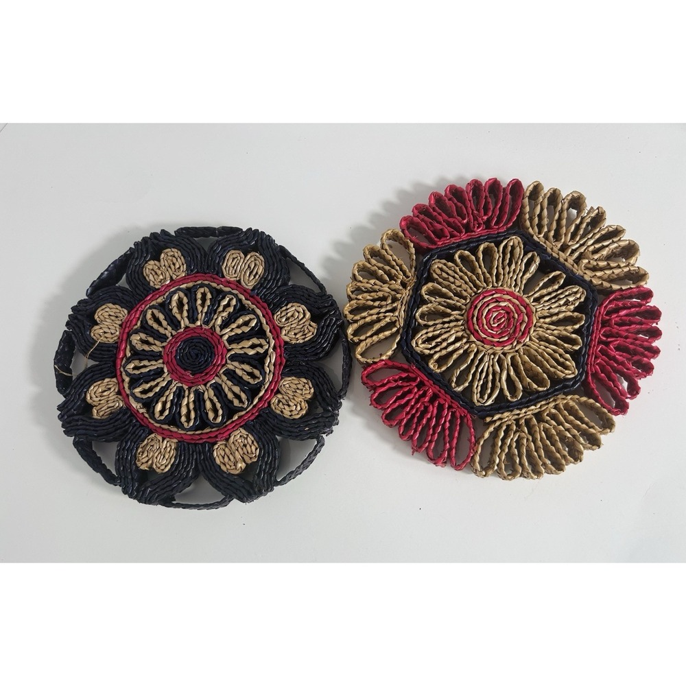 Vintage Set of 2 Rattan Raffia Trivet Woven Straw Hot Pad‎ Boho Kitchen Decor